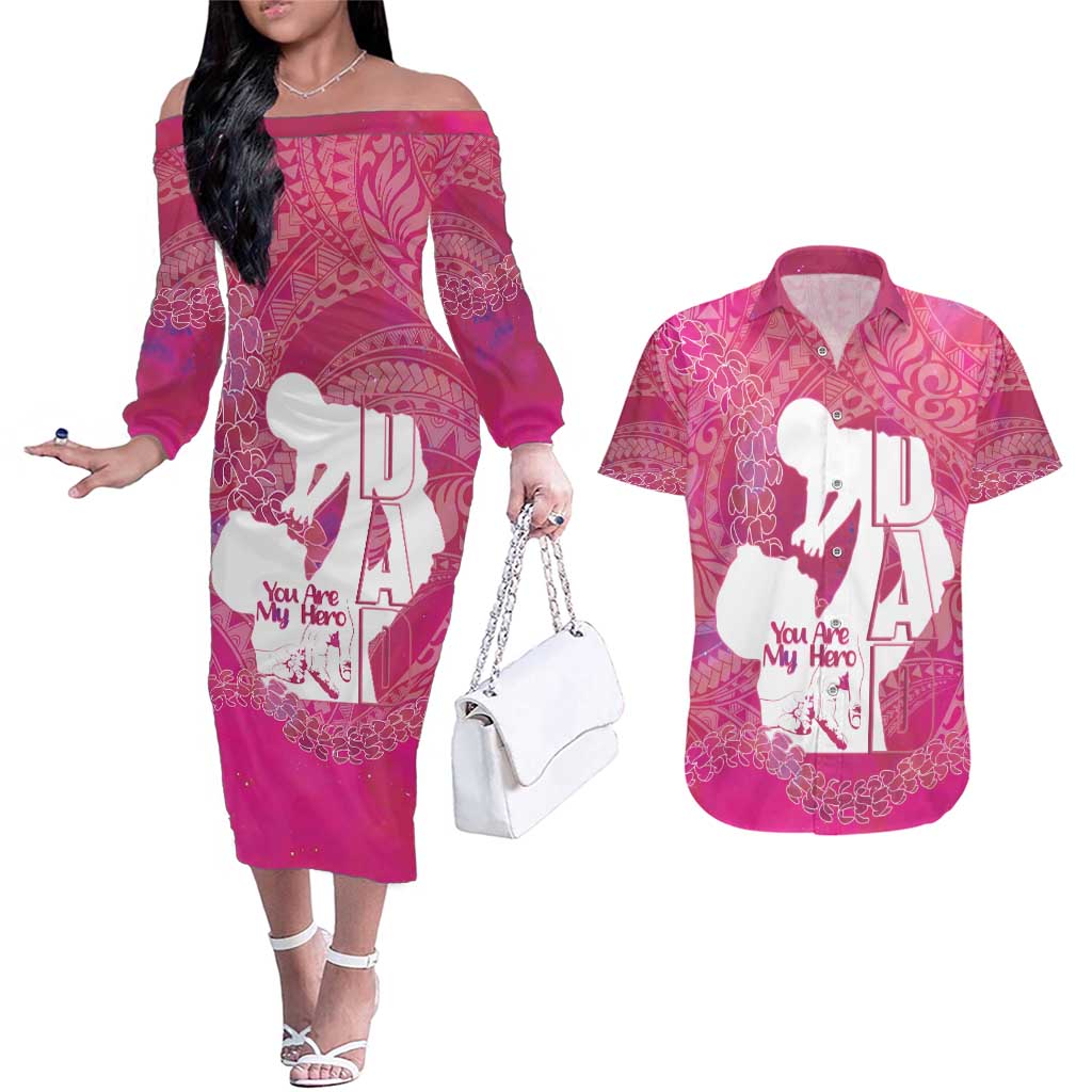 Pink Polynesia Father's Day Couples Matching Off The Shoulder Long Sleeve Dress and Hawaiian Shirt Dad You Are My Hero LT14 Pink - Polynesian Pride