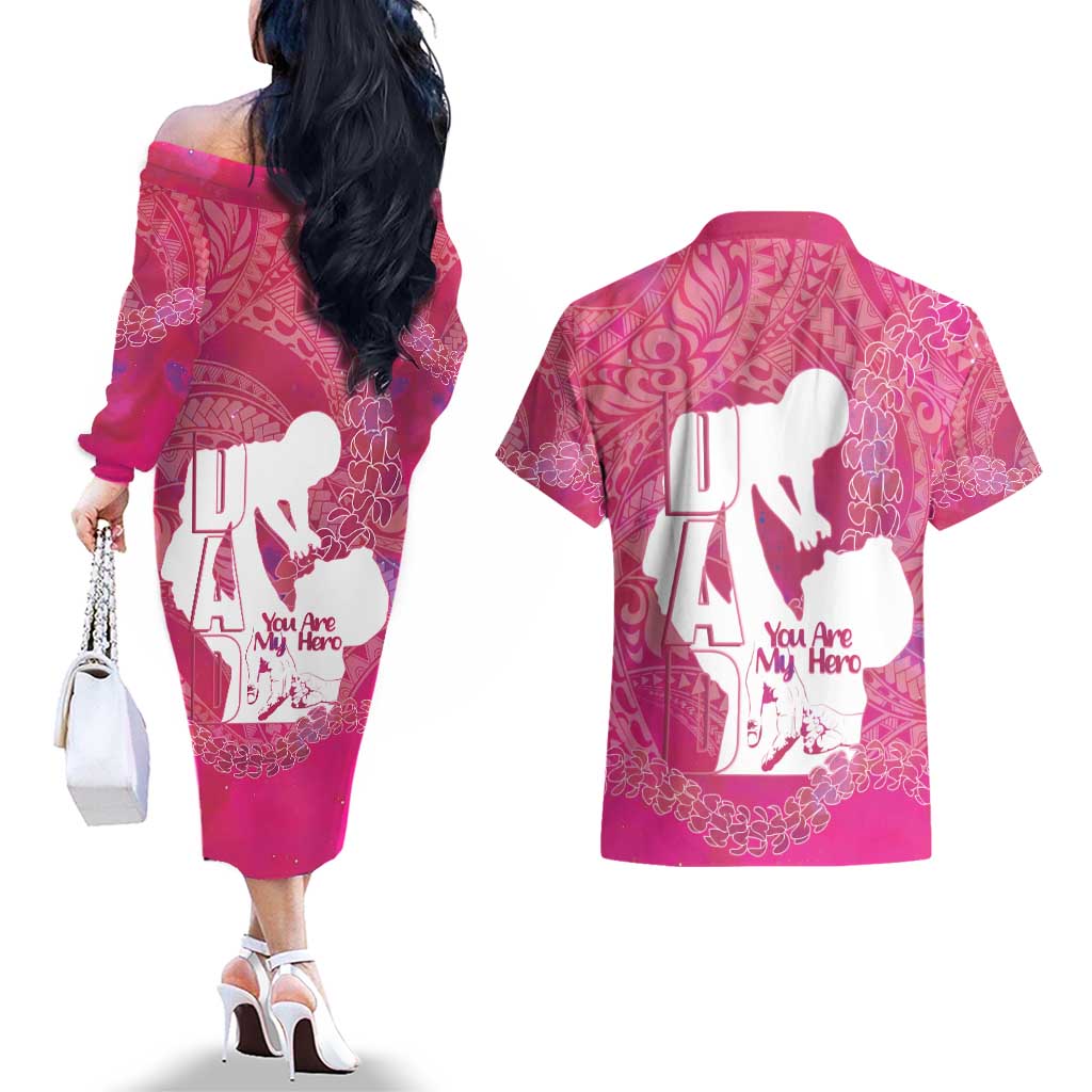 Pink Polynesia Father's Day Couples Matching Off The Shoulder Long Sleeve Dress and Hawaiian Shirt Dad You Are My Hero LT14 - Polynesian Pride