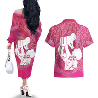 Pink Polynesia Father's Day Couples Matching Off The Shoulder Long Sleeve Dress and Hawaiian Shirt Dad You Are My Hero LT14 - Polynesian Pride