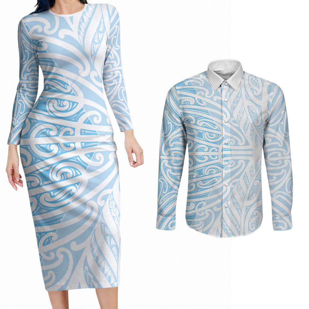 Blue New Zealand Puhoro Maori Tattoo Couples Matching Long Sleeve Bodycon Dress and Long Sleeve Button Shirt LT14 Blue - Polynesian Pride