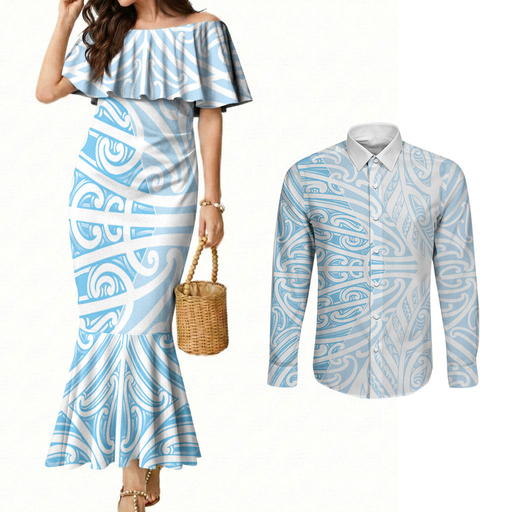 Blue New Zealand Puhoro Maori Tattoo Couples Matching Mermaid Dress and Long Sleeve Button Shirt LT14 Blue - Polynesian Pride