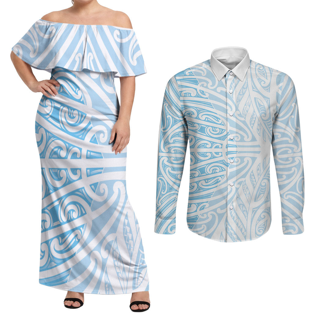Blue New Zealand Puhoro Maori Tattoo Couples Matching Off Shoulder Maxi Dress and Long Sleeve Button Shirt LT14 Blue - Polynesian Pride