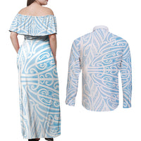 Blue New Zealand Puhoro Maori Tattoo Couples Matching Off Shoulder Maxi Dress and Long Sleeve Button Shirt
