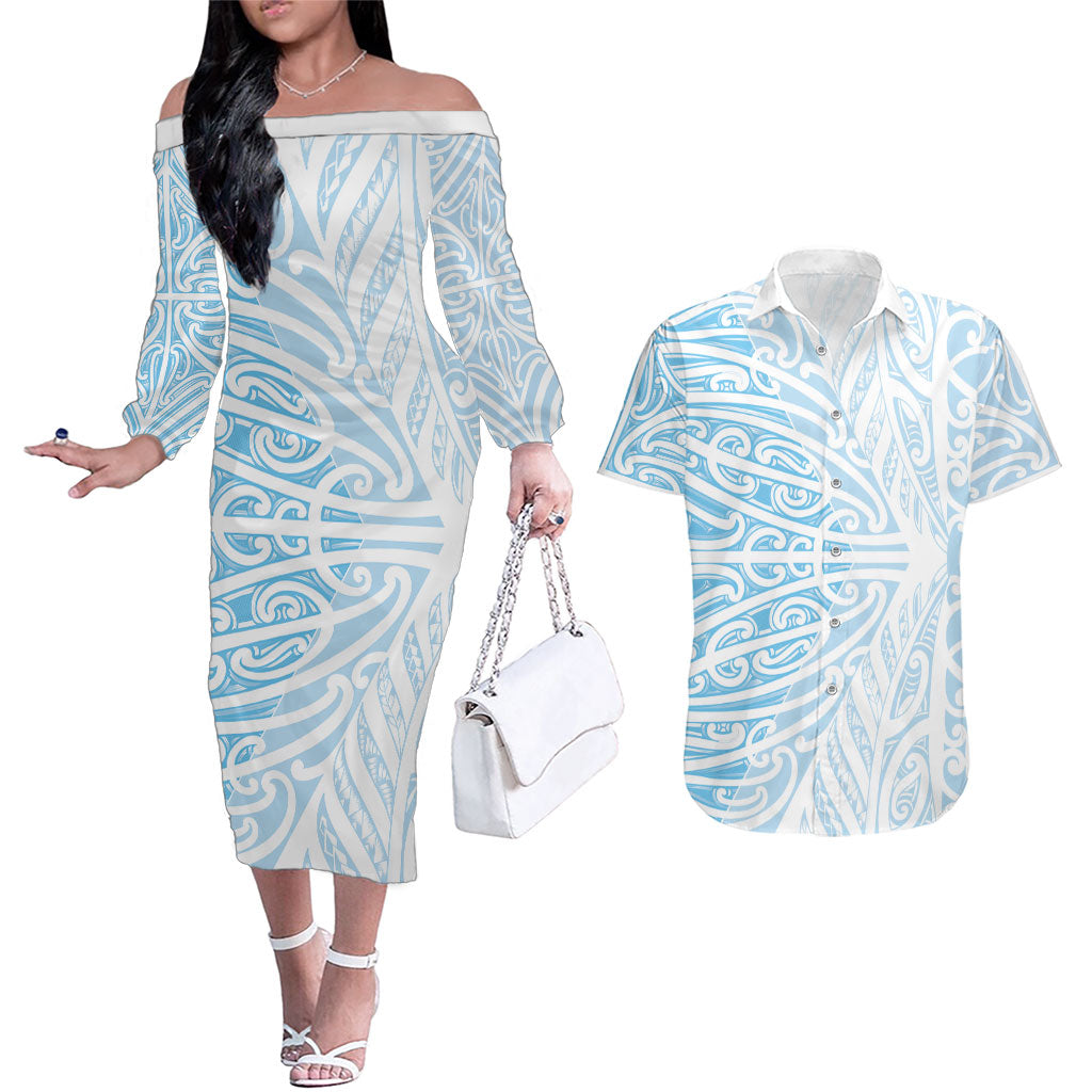 Blue New Zealand Puhoro Maori Tattoo Couples Matching Off The Shoulder Long Sleeve Dress and Hawaiian Shirt