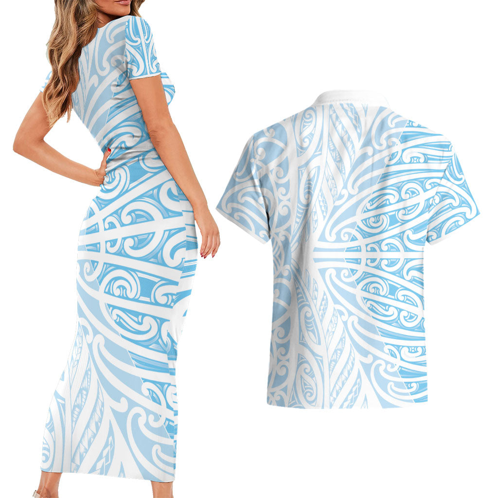 Blue New Zealand Puhoro Maori Tattoo Couples Matching Short Sleeve Bodycon Dress and Hawaiian Shirt