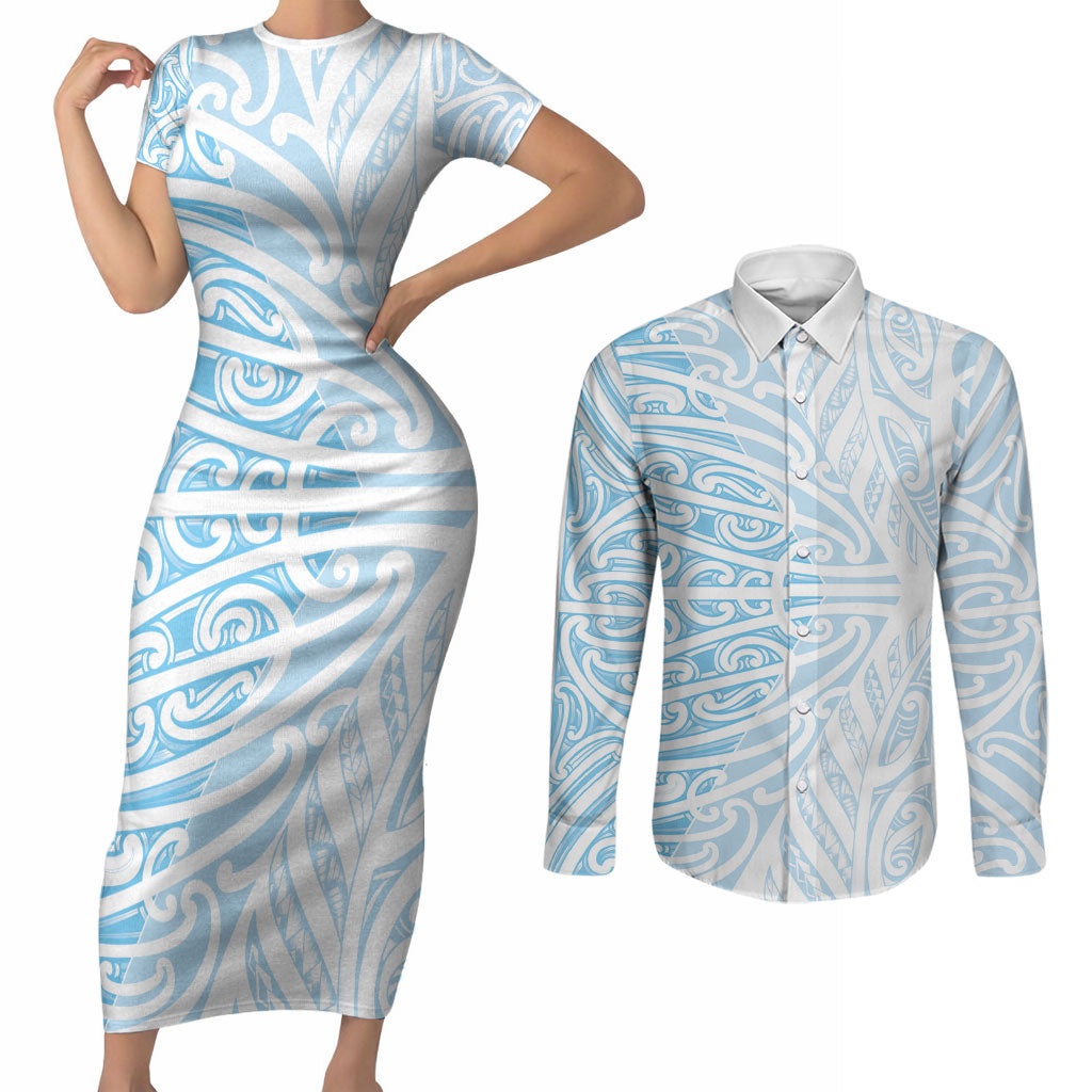 Blue New Zealand Puhoro Maori Tattoo Couples Matching Short Sleeve Bodycon Dress and Long Sleeve Button Shirt LT14 Blue - Polynesian Pride