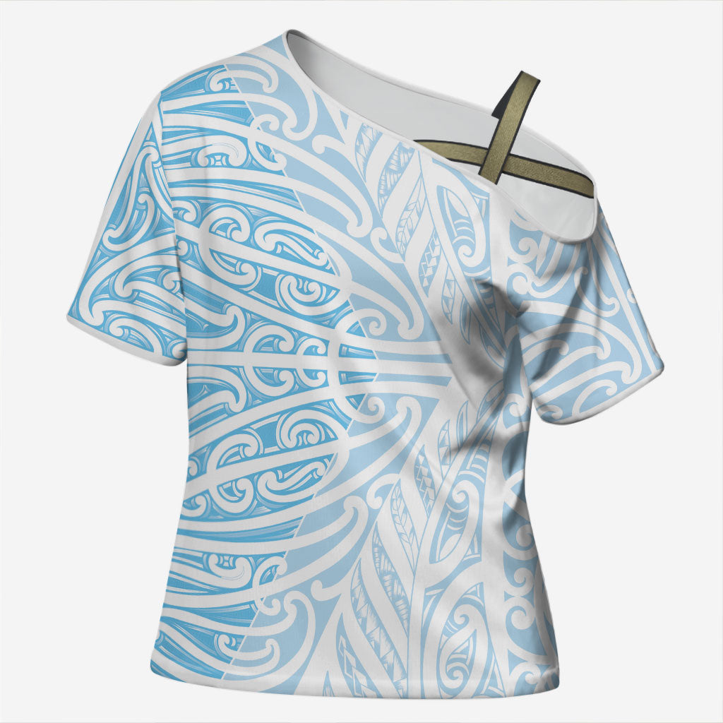 Blue New Zealand Puhoro Maori Tattoo Cross Shoulder Shirt LT14 Female Blue - Polynesian Pride