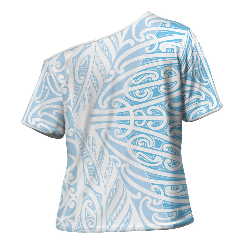 Blue New Zealand Puhoro Maori Tattoo Cross Shoulder Shirt