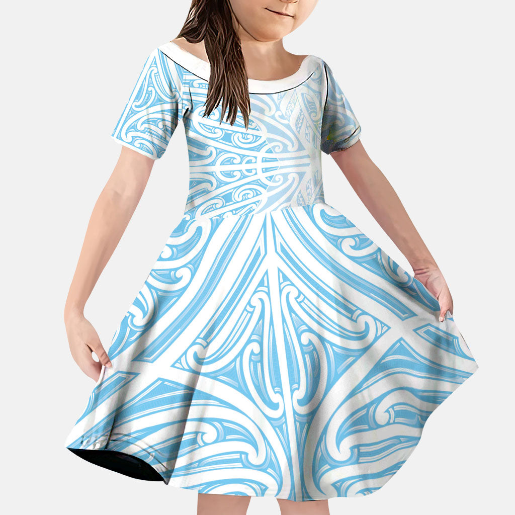Blue New Zealand Puhoro Maori Tattoo Family Matching Off The Shoulder Long Sleeve Dress and Hawaiian Shirt