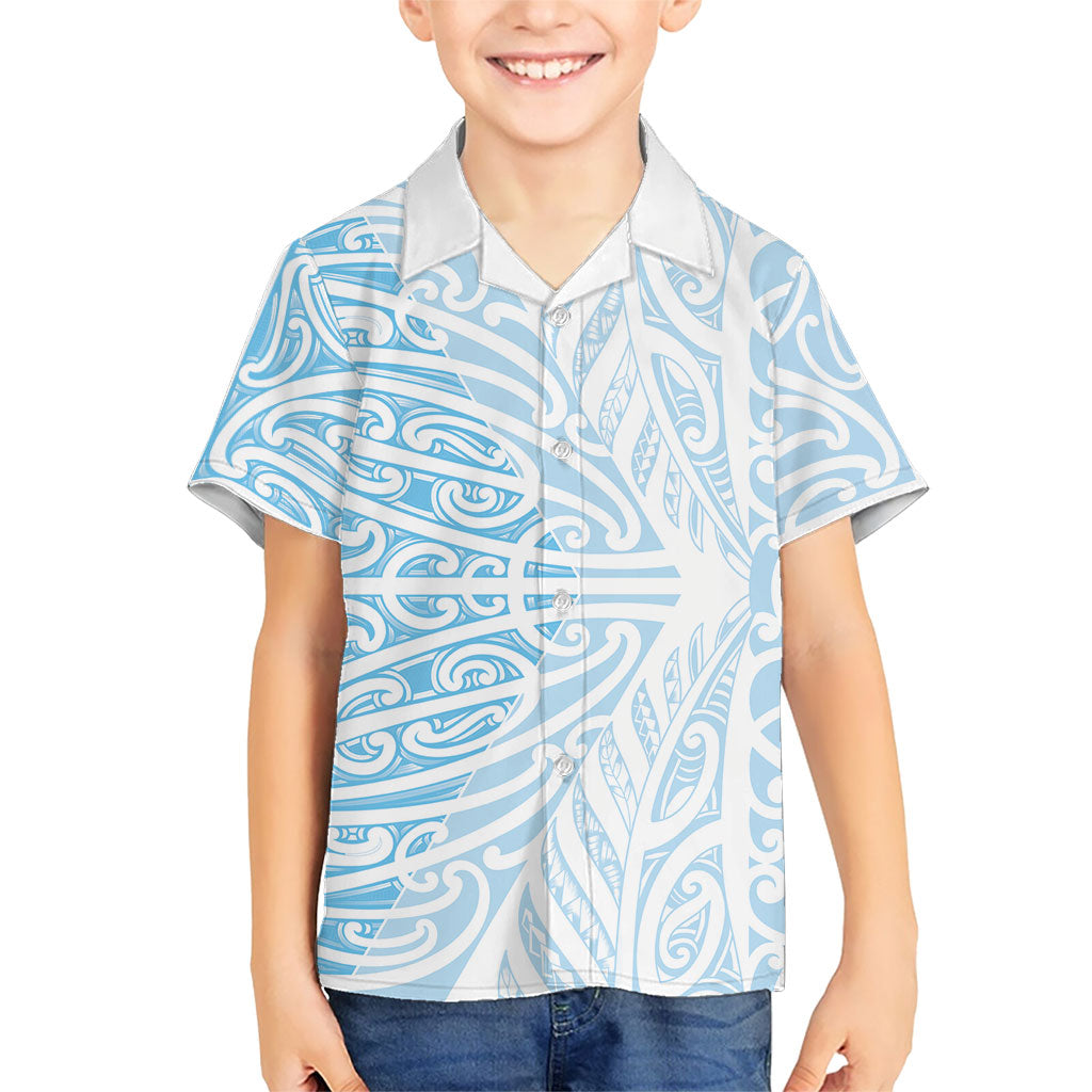 Blue New Zealand Puhoro Maori Tattoo Family Matching Off Shoulder Short Dress and Hawaiian Shirt
