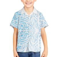 Blue New Zealand Puhoro Maori Tattoo Family Matching Off Shoulder Short Dress and Hawaiian Shirt