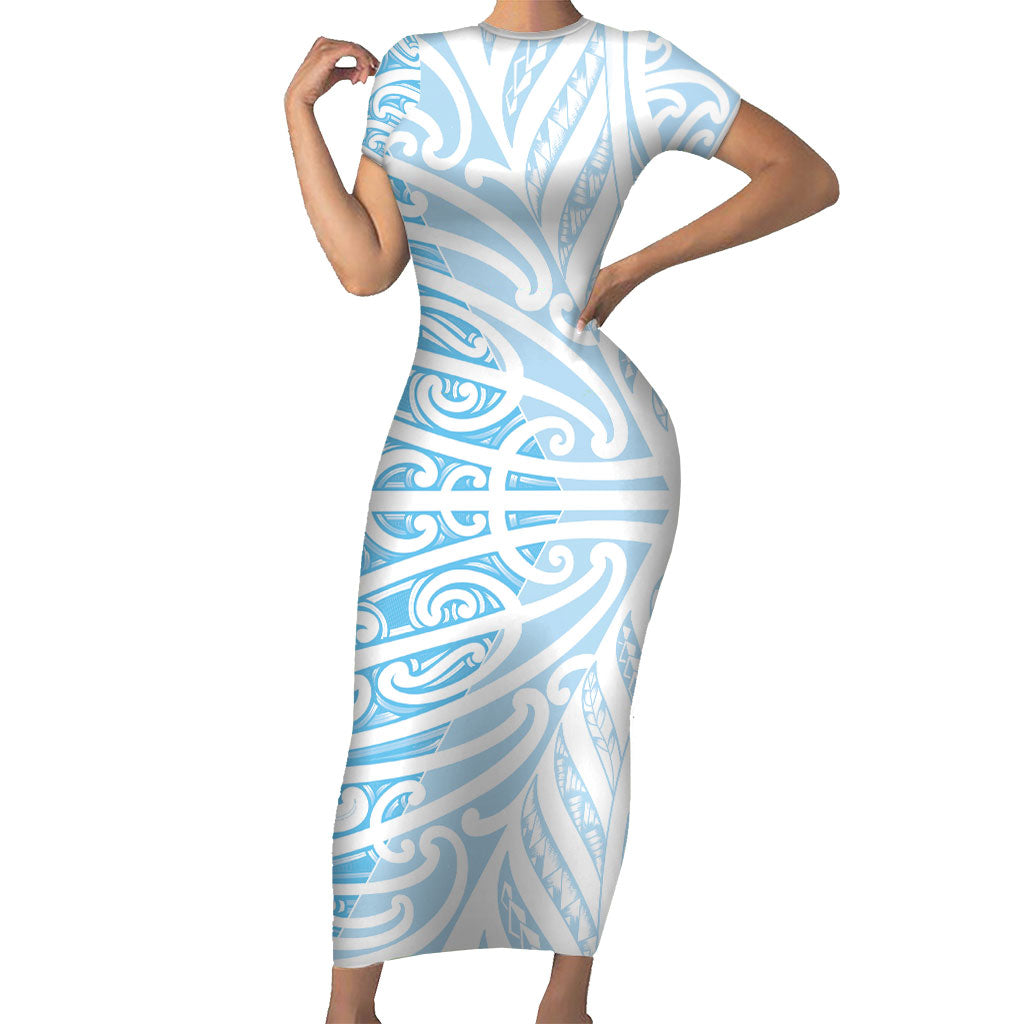 Blue New Zealand Puhoro Maori Tattoo Family Matching Short Sleeve Bodycon Dress and Hawaiian Shirt
