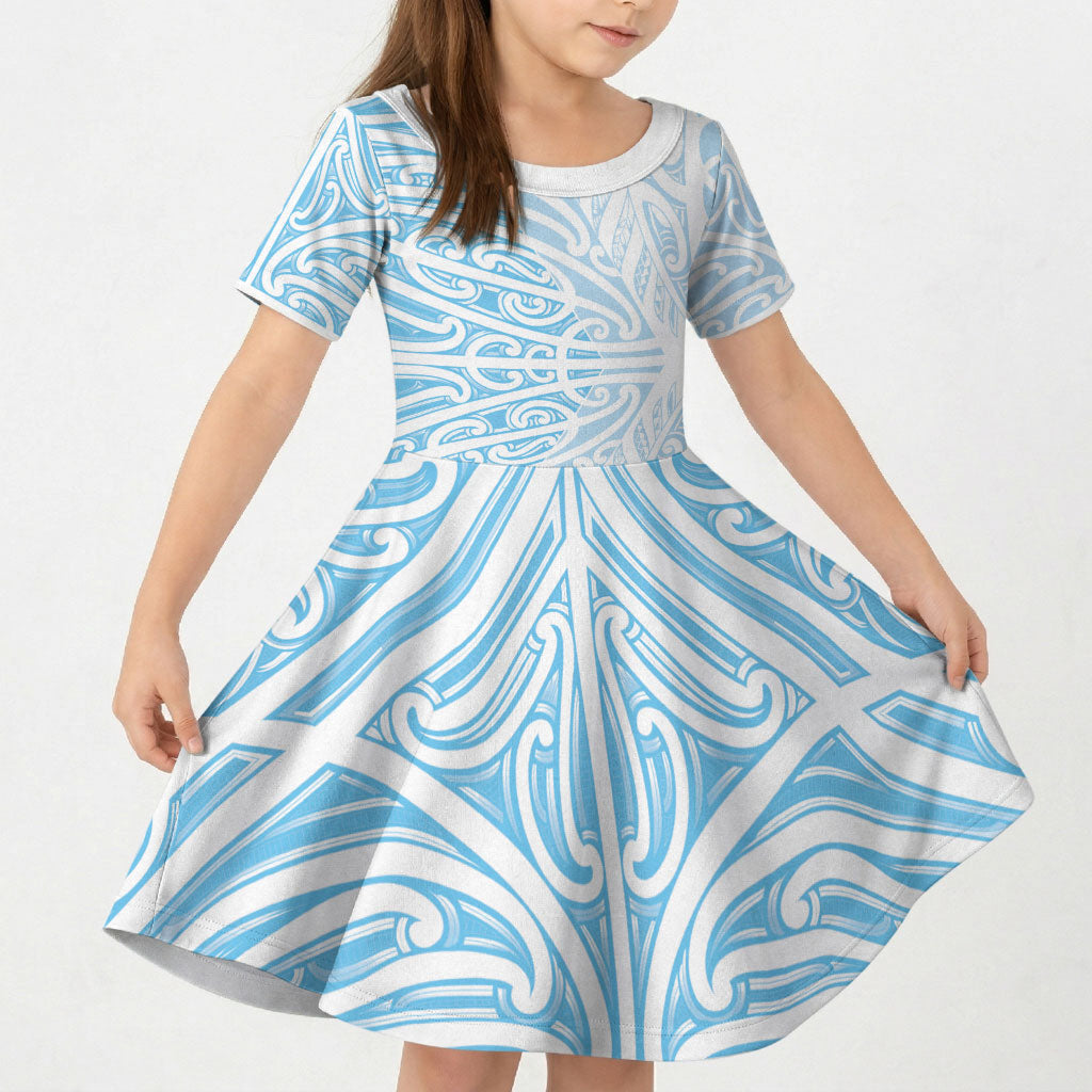 Blue New Zealand Puhoro Maori Tattoo Kid Short Sleeve Dress LT14 KID Blue - Polynesian Pride