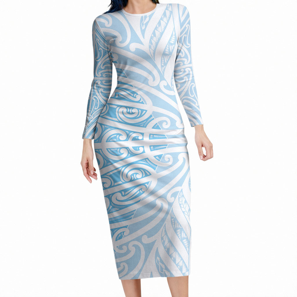 Blue New Zealand Puhoro Maori Tattoo Long Sleeve Bodycon Dress LT14 Long Dress Blue - Polynesian Pride