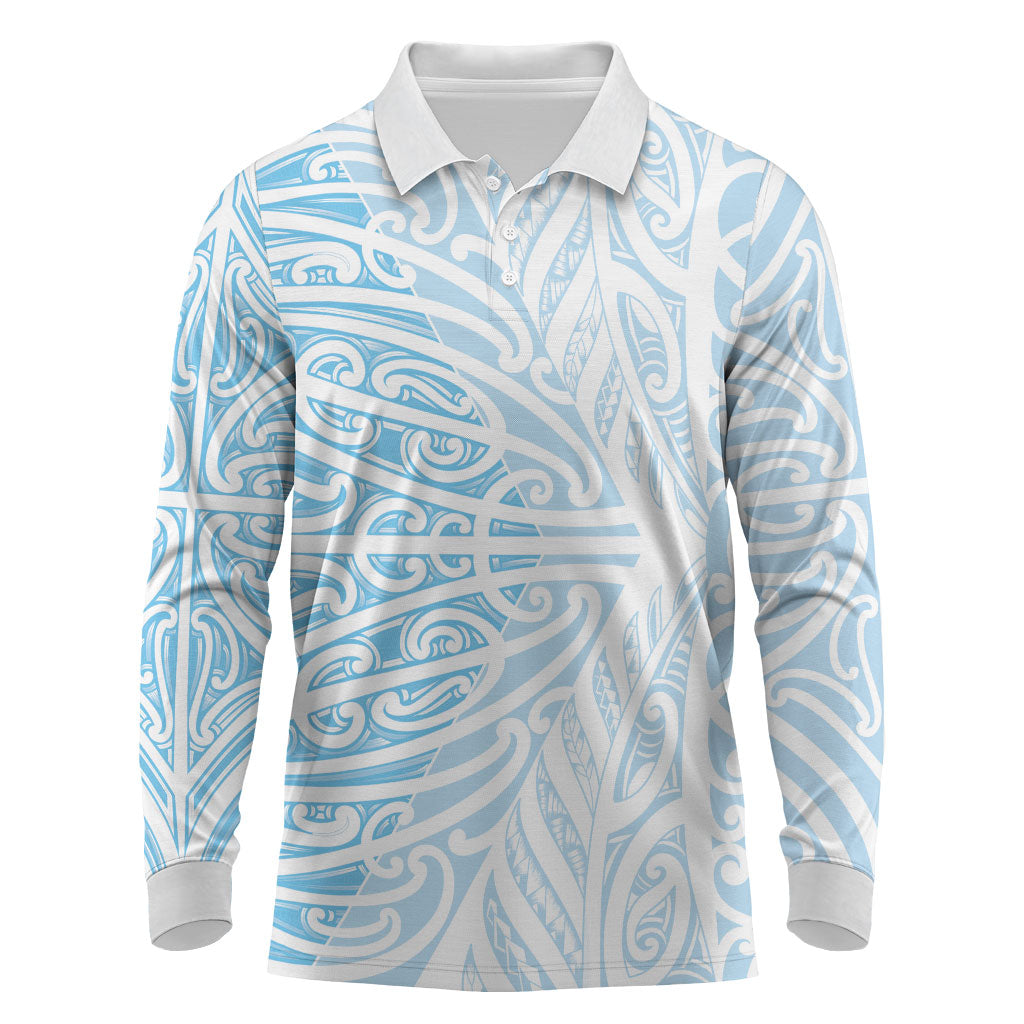 Blue New Zealand Puhoro Maori Tattoo Long Sleeve Polo Shirt LT14 Blue - Polynesian Pride