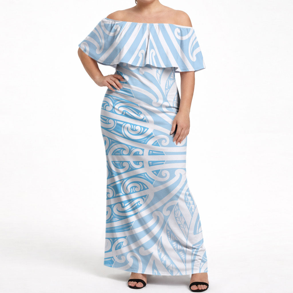 Blue New Zealand Puhoro Maori Tattoo Off Shoulder Maxi Dress LT14 Women Blue - Polynesian Pride