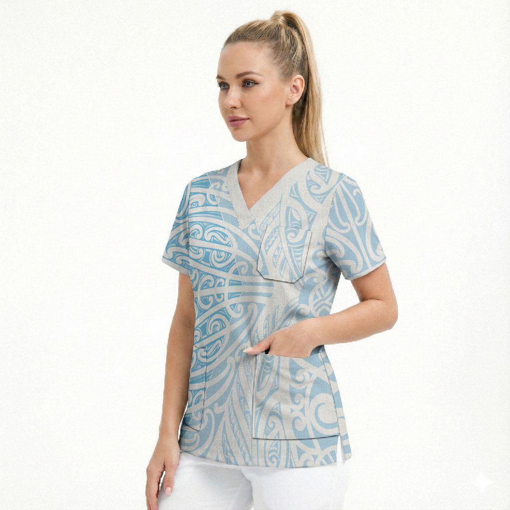 Blue New Zealand Puhoro Maori Tattoo Scrub Top
