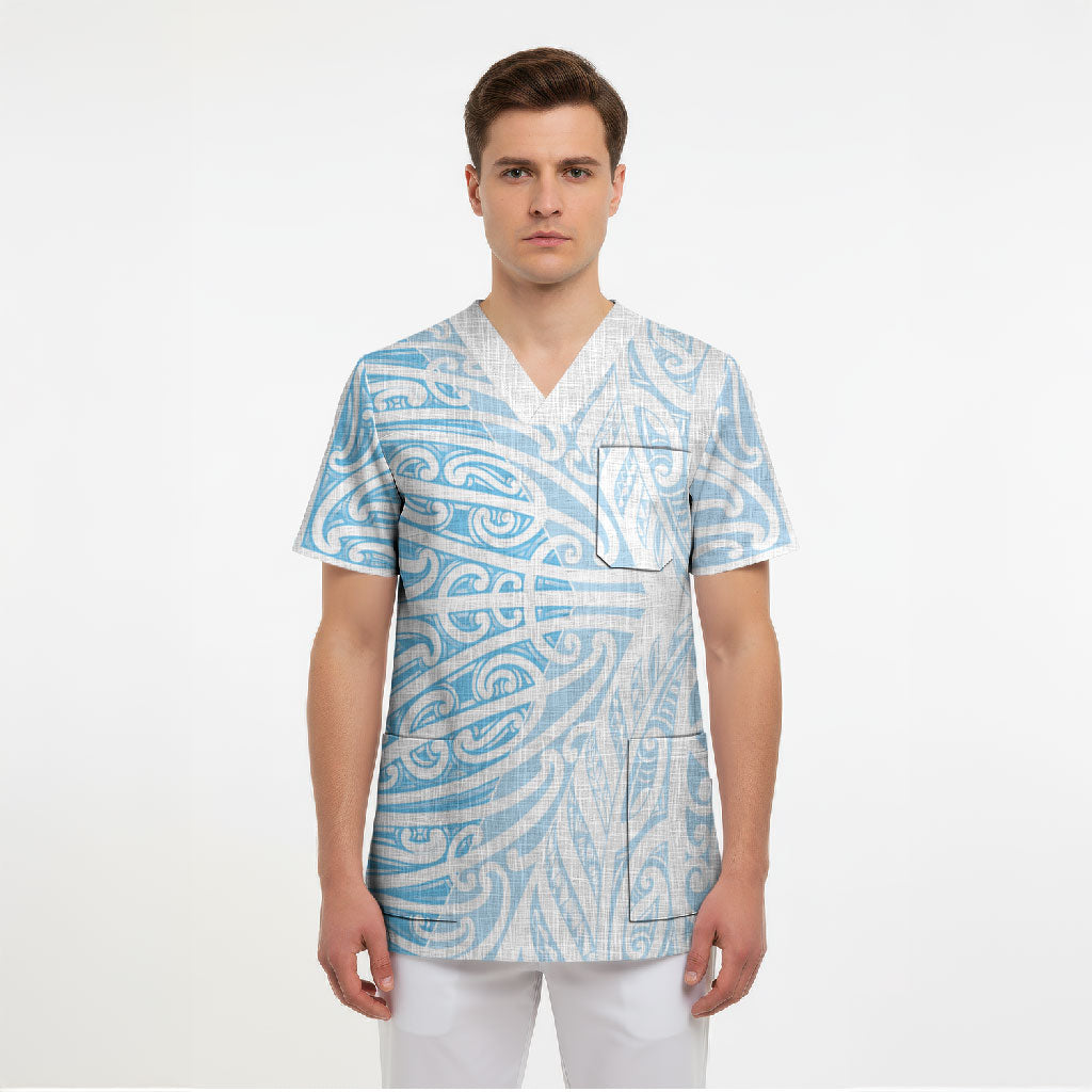 Blue New Zealand Puhoro Maori Tattoo Scrub Top