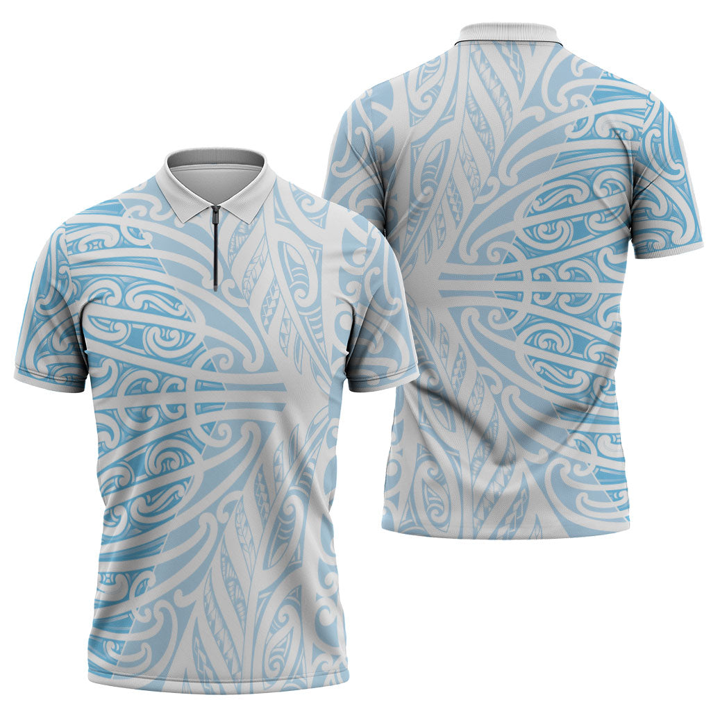 Blue New Zealand Puhoro Maori Tattoo Zipper Polo Shirt