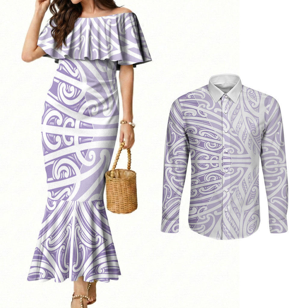 Purple New Zealand Puhoro Maori Tattoo Couples Matching Mermaid Dress and Long Sleeve Button Shirt LT14 Purple - Polynesian Pride