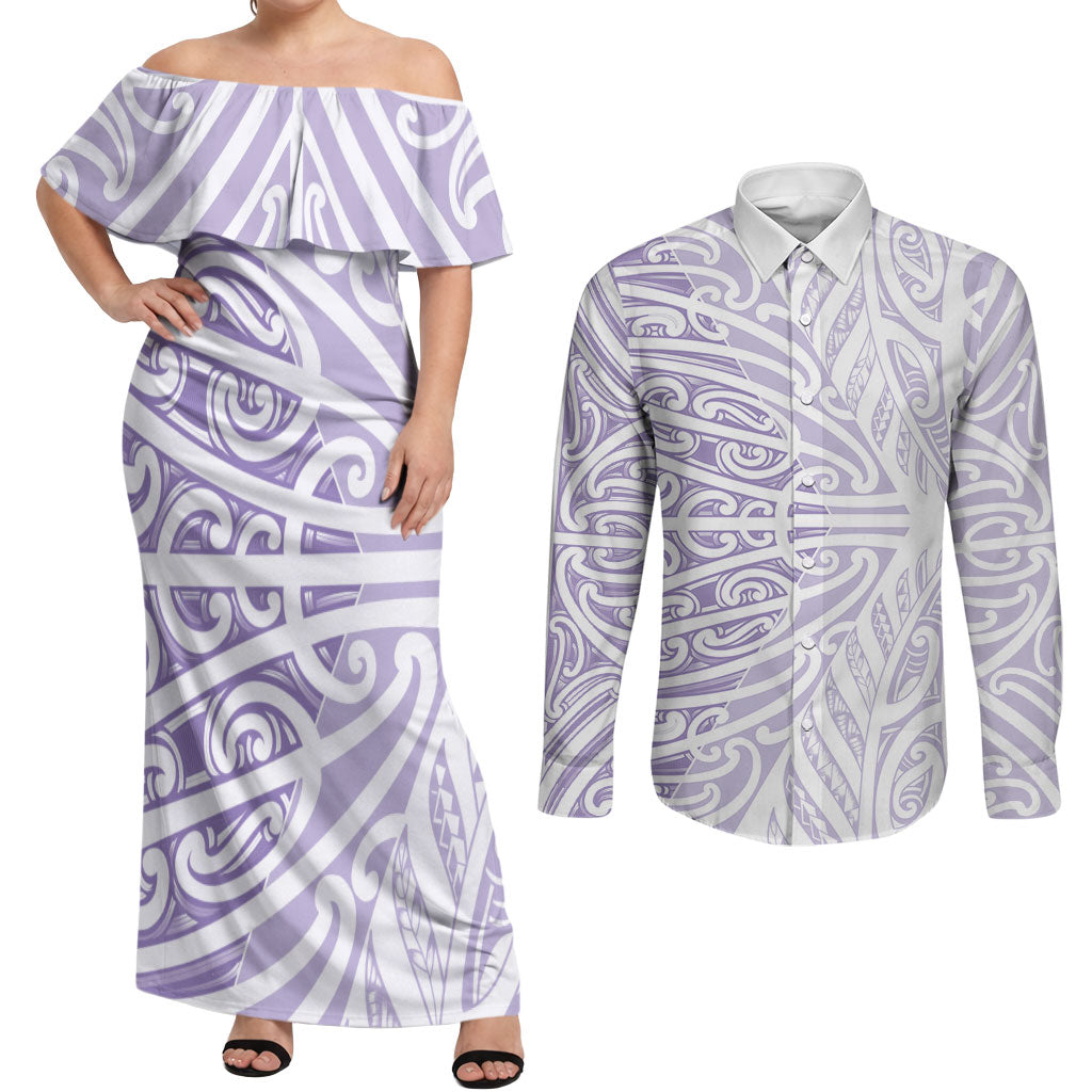 Purple New Zealand Puhoro Maori Tattoo Couples Matching Off Shoulder Maxi Dress and Long Sleeve Button Shirt LT14 Purple - Polynesian Pride
