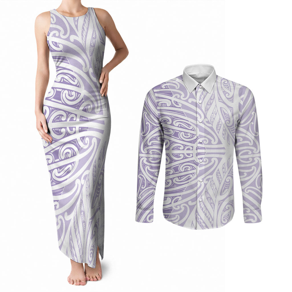 Purple New Zealand Puhoro Maori Tattoo Couples Matching Tank Maxi Dress and Long Sleeve Button Shirt LT14 Purple - Polynesian Pride