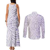 Purple New Zealand Puhoro Maori Tattoo Couples Matching Tank Maxi Dress and Long Sleeve Button Shirt