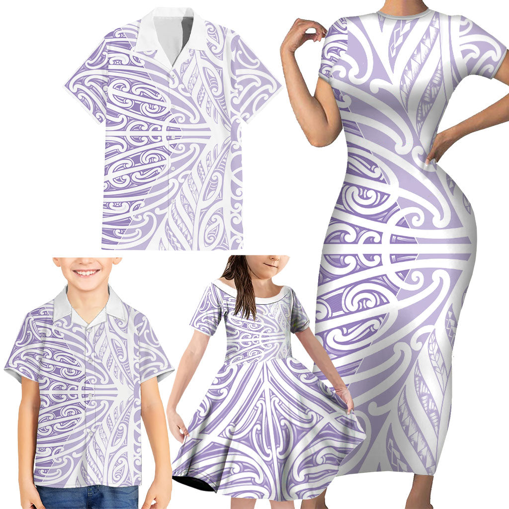 Purple New Zealand Puhoro Maori Tattoo Family Matching Short Sleeve Bodycon Dress and Hawaiian Shirt