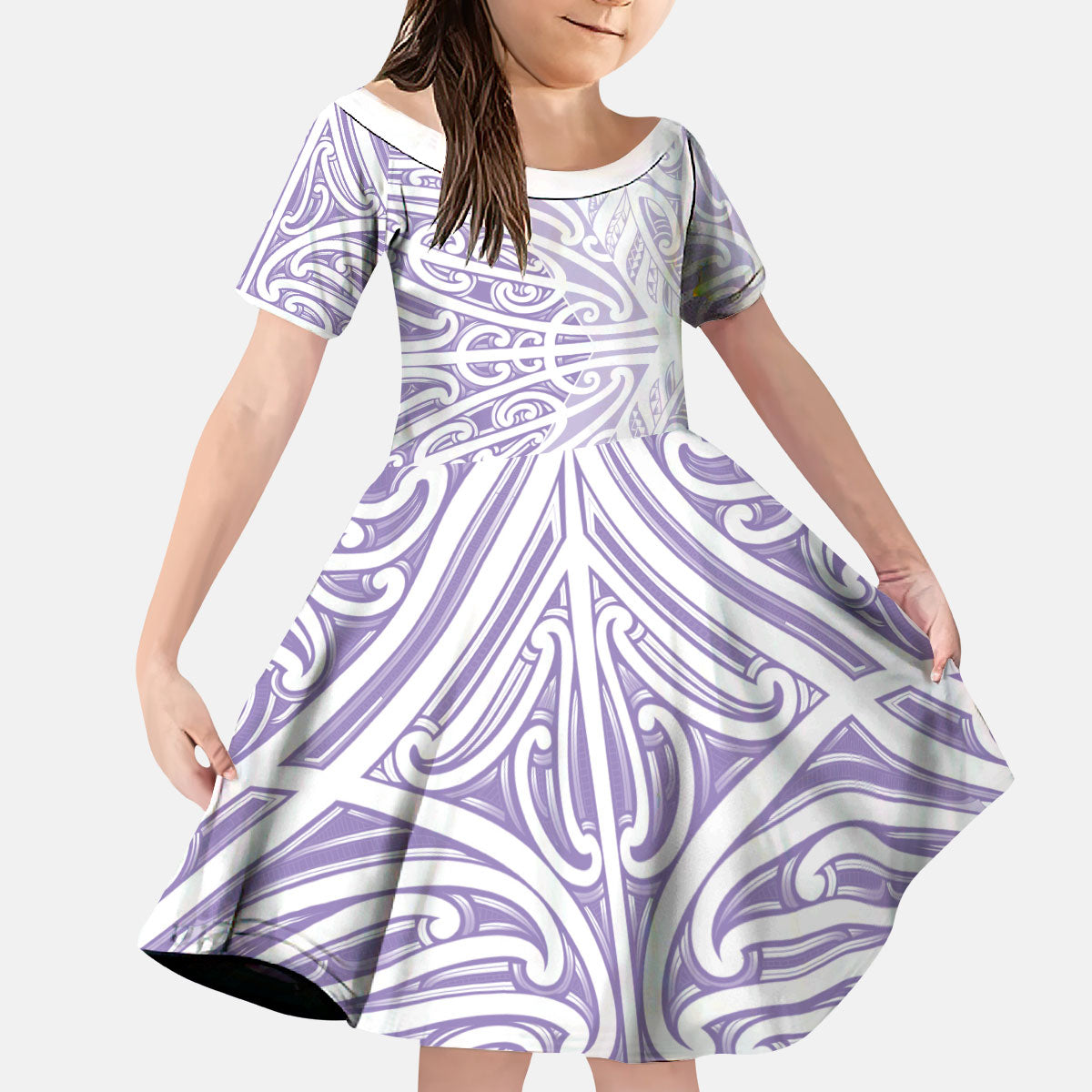Purple New Zealand Puhoro Maori Tattoo Kid Short Sleeve Dress
