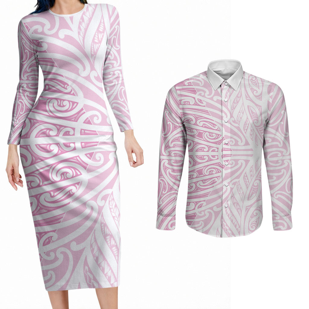 Pink New Zealand Puhoro Maori Tattoo Couples Matching Long Sleeve Bodycon Dress and Long Sleeve Button Shirt LT14 Pink - Polynesian Pride