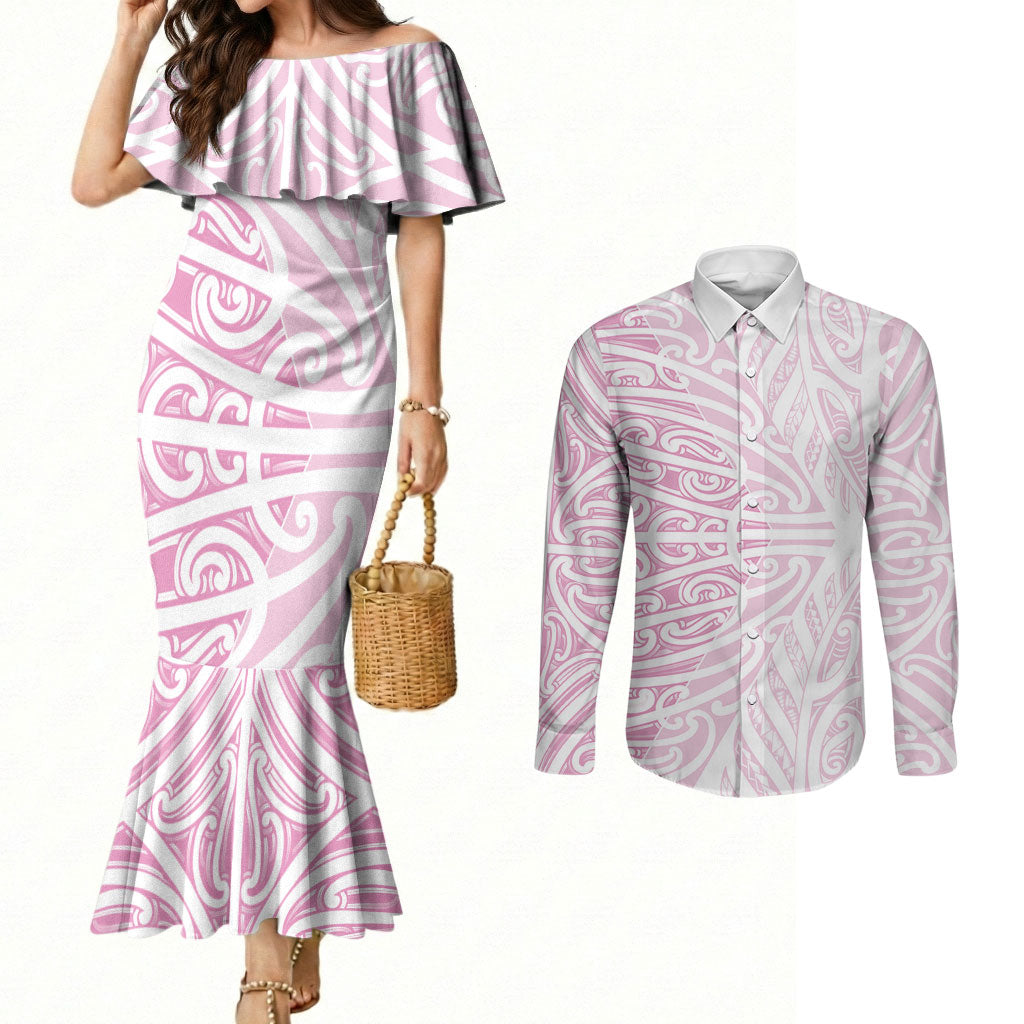 Pink New Zealand Puhoro Maori Tattoo Couples Matching Mermaid Dress and Long Sleeve Button Shirt LT14 Pink - Polynesian Pride
