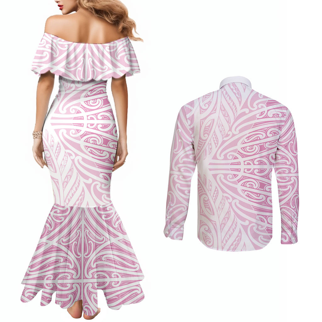 Pink New Zealand Puhoro Maori Tattoo Couples Matching Mermaid Dress and Long Sleeve Button Shirt