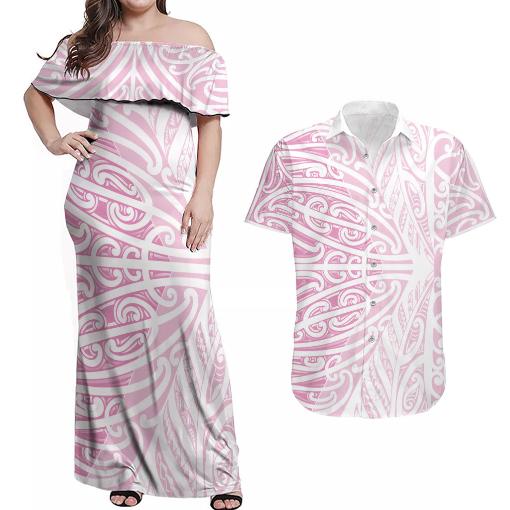 Pink New Zealand Puhoro Maori Tattoo Couples Matching Off Shoulder Maxi Dress and Hawaiian Shirt