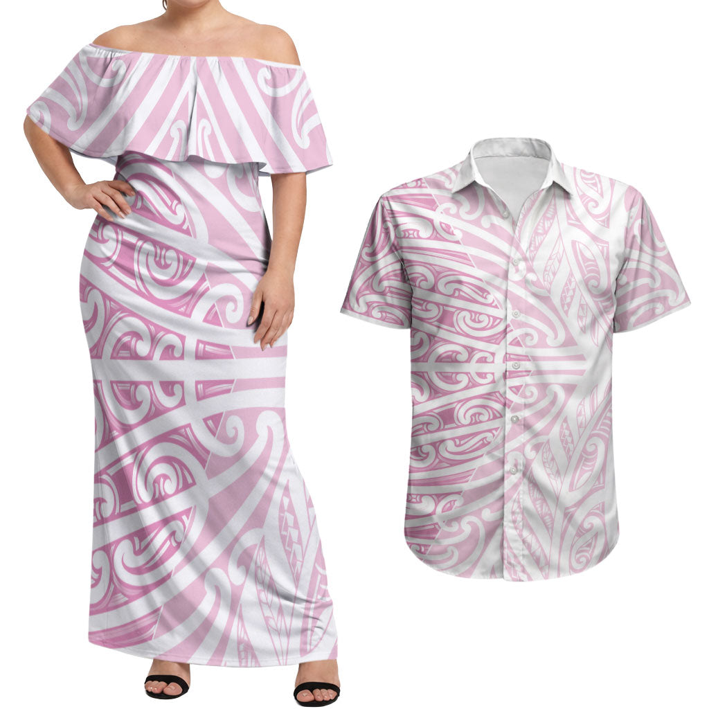 Pink New Zealand Puhoro Maori Tattoo Couples Matching Off Shoulder Maxi Dress and Hawaiian Shirt LT14 Pink - Polynesian Pride