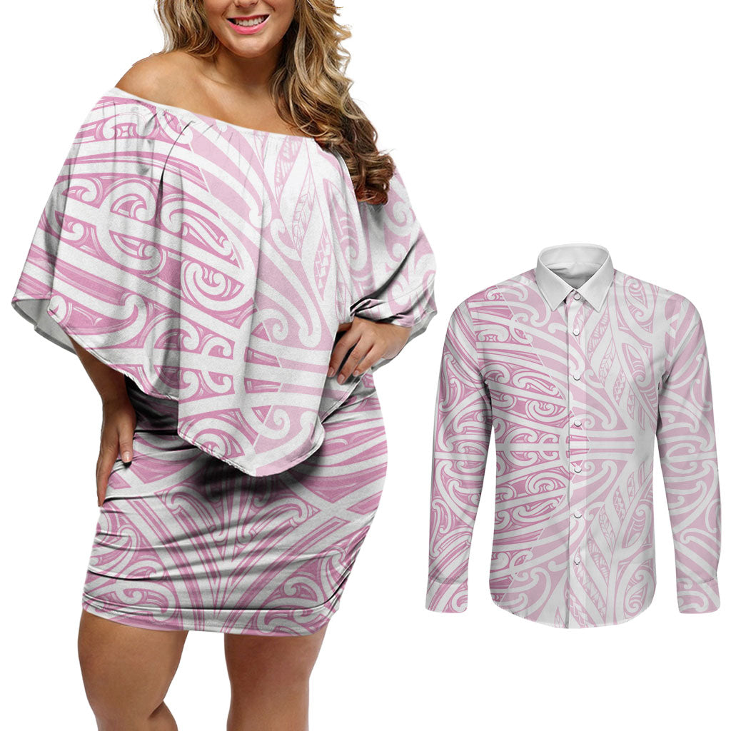 Pink New Zealand Puhoro Maori Tattoo Couples Matching Off Shoulder Short Dress and Long Sleeve Button Shirt LT14 Pink - Polynesian Pride