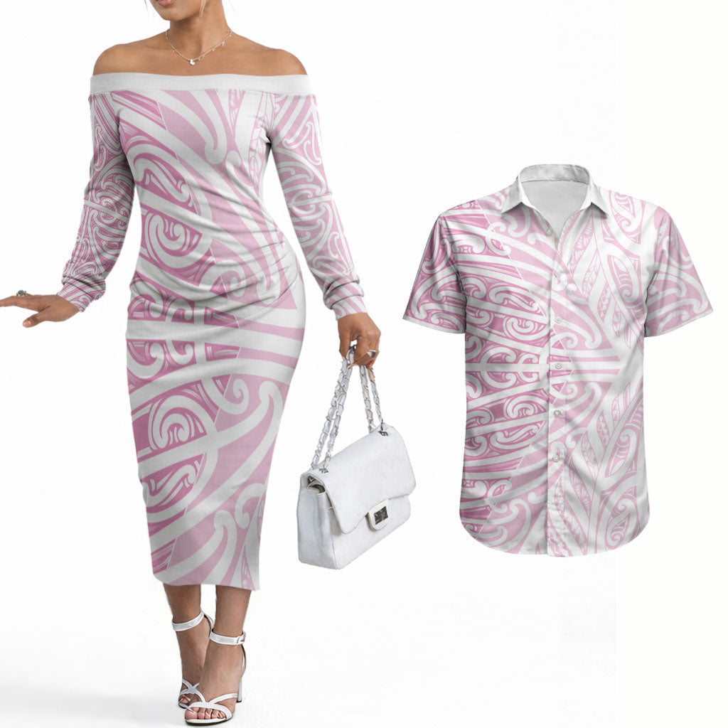 Pink New Zealand Puhoro Maori Tattoo Couples Matching Off The Shoulder Long Sleeve Dress and Hawaiian Shirt LT14 Pink - Polynesian Pride