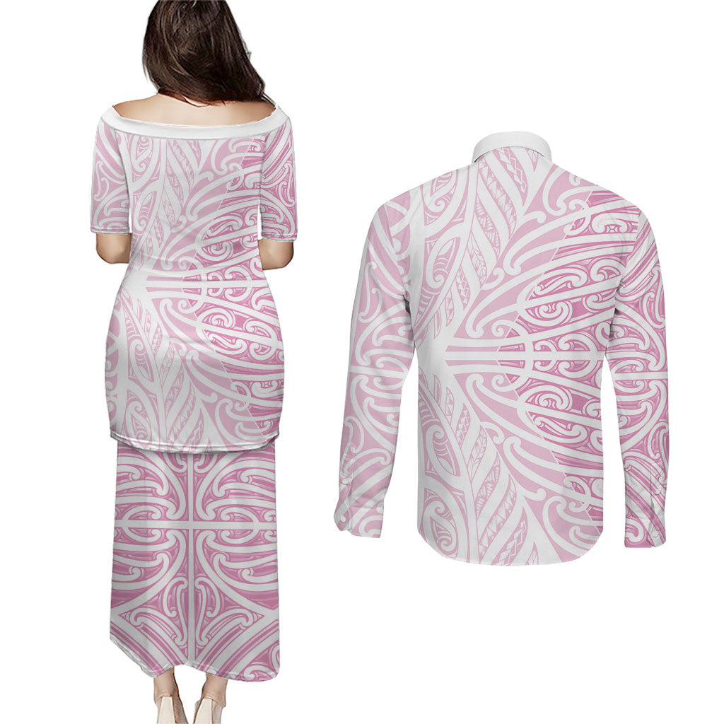 Pink New Zealand Puhoro Maori Tattoo Couples Matching Puletasi and Long Sleeve Button Shirt