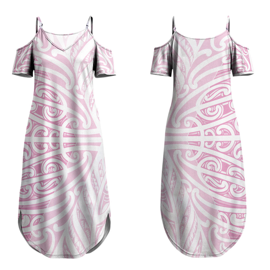 Pink New Zealand Puhoro Maori Tattoo Couples Matching Summer Maxi Dress and Long Sleeve Button Shirt LT14 - Polynesian Pride