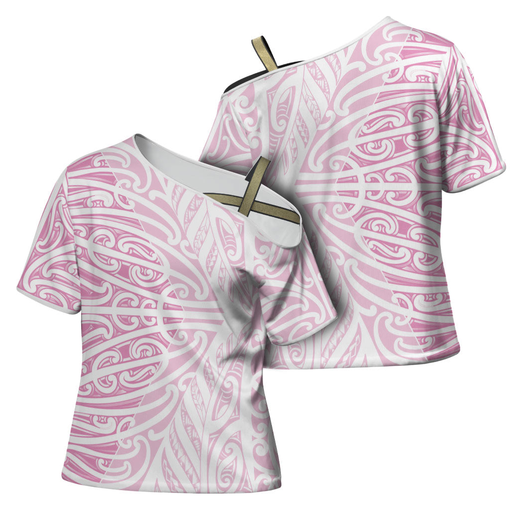 Pink New Zealand Puhoro Maori Tattoo Cross Shoulder Shirt