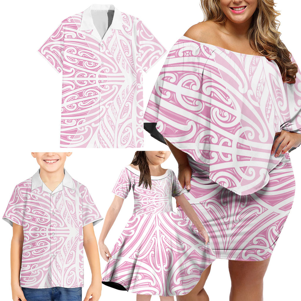 Pink New Zealand Puhoro Maori Tattoo Family Matching Off Shoulder Short Dress and Hawaiian Shirt