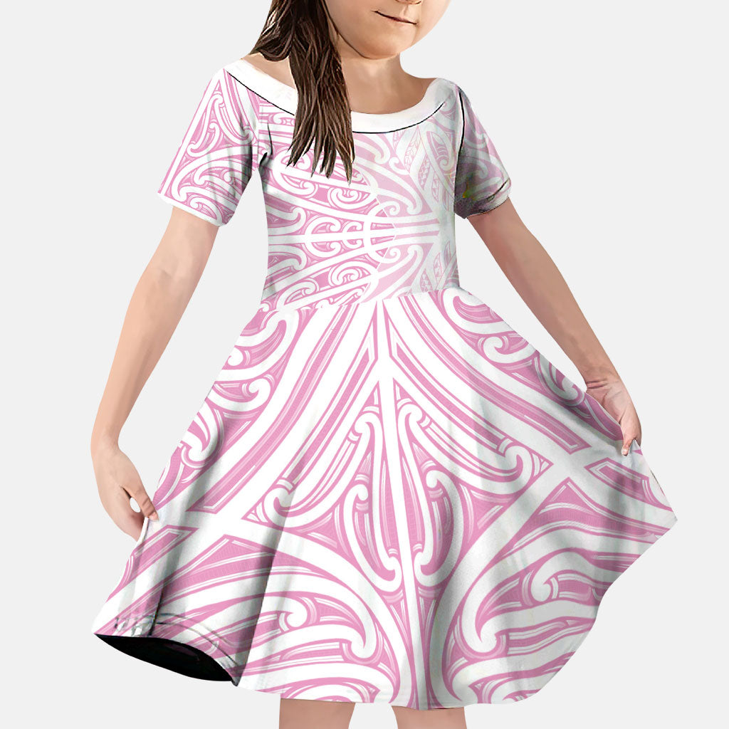 Pink New Zealand Puhoro Maori Tattoo Family Matching Short Sleeve Bodycon Dress and Hawaiian Shirt
