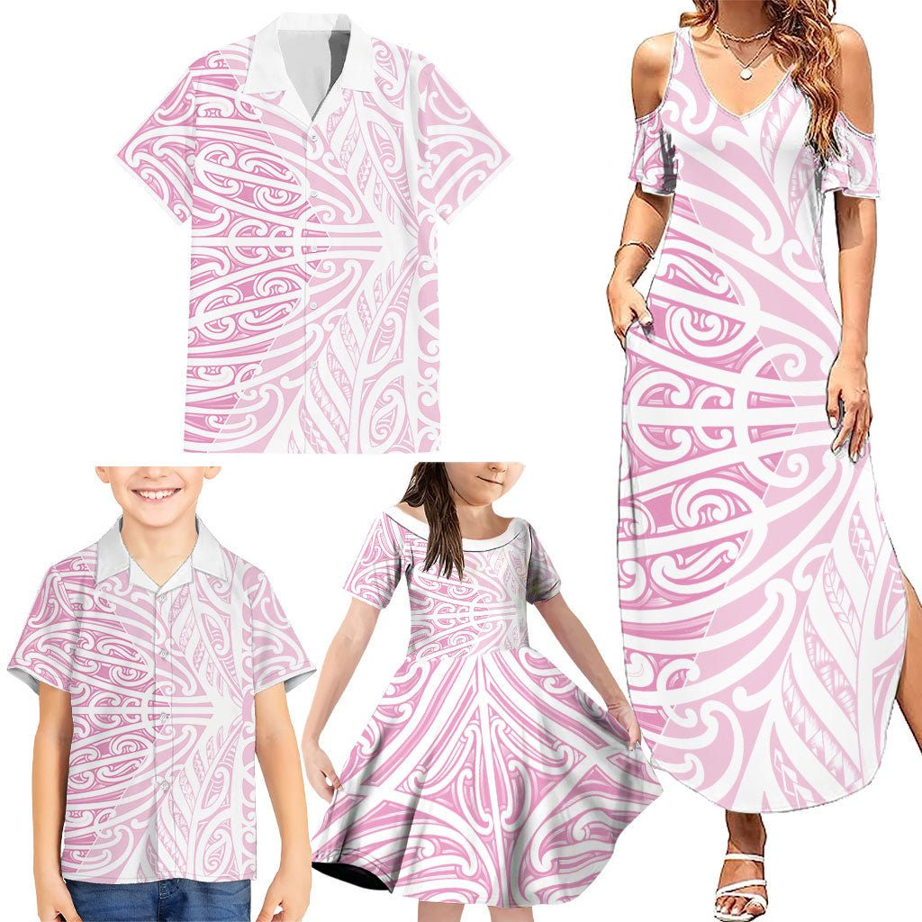 Pink New Zealand Puhoro Maori Tattoo Family Matching Summer Maxi Dress and Hawaiian Shirt