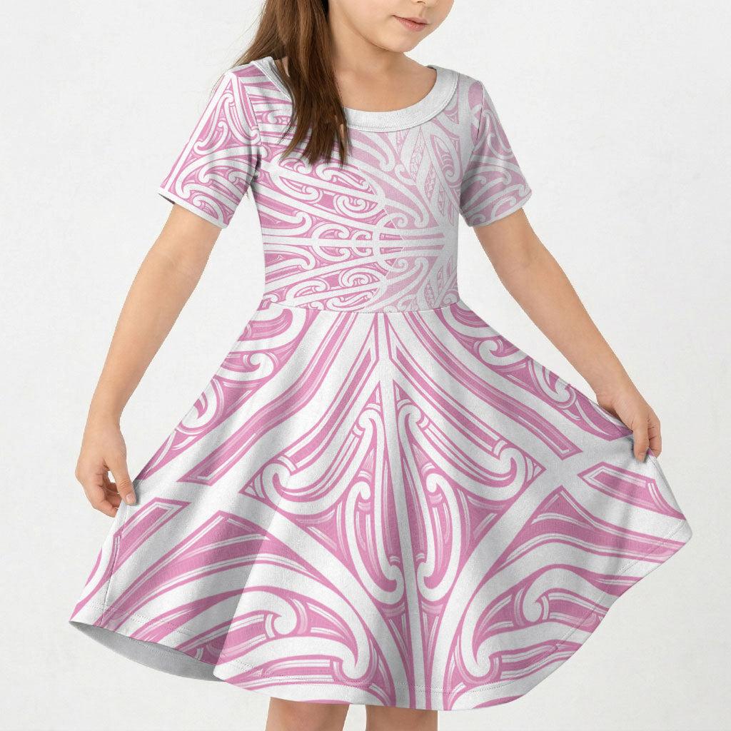 Pink New Zealand Puhoro Maori Tattoo Kid Short Sleeve Dress LT14 KID Pink - Polynesian Pride