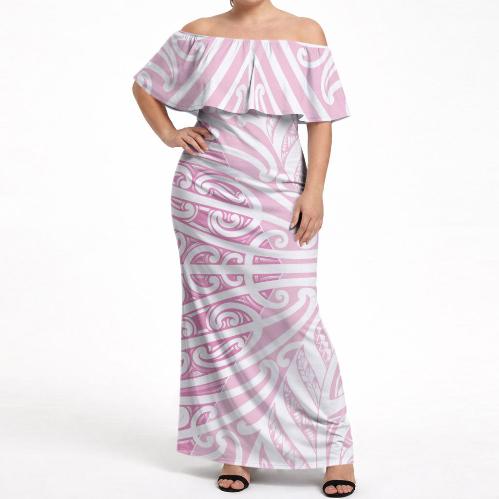 Pink New Zealand Puhoro Maori Tattoo Off Shoulder Maxi Dress LT14 Women Pink - Polynesian Pride