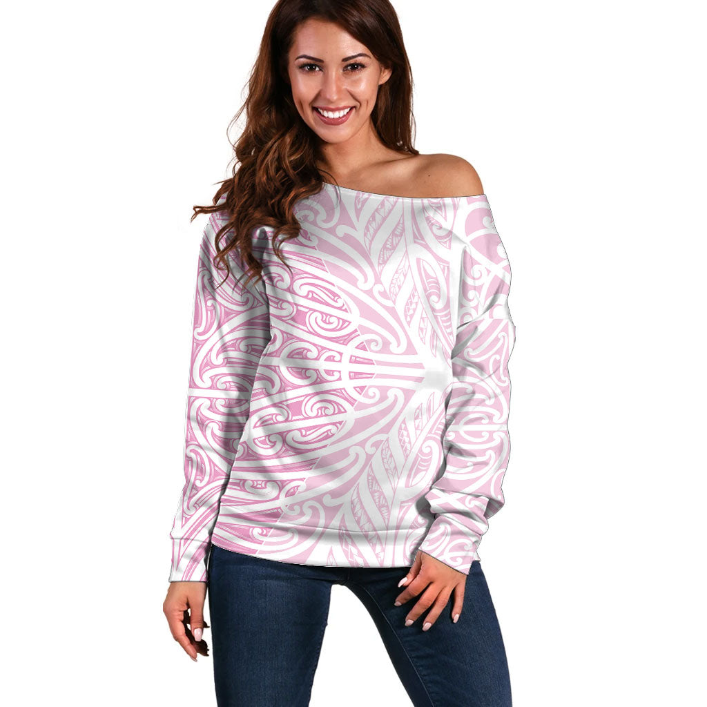 Pink New Zealand Puhoro Maori Tattoo Off Shoulder Sweater LT14 Women Pink - Polynesian Pride