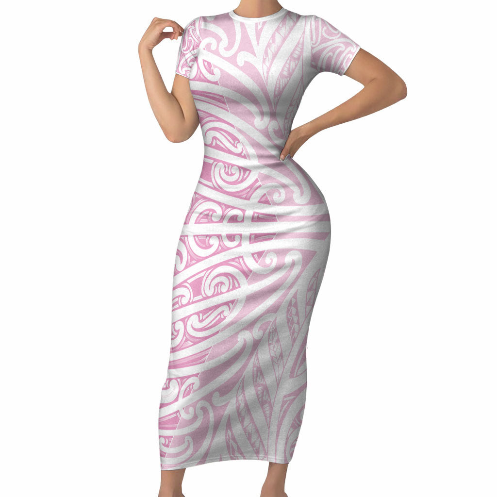 Pink New Zealand Puhoro Maori Tattoo Short Sleeve Bodycon Dress LT14 Long Dress Pink - Polynesian Pride