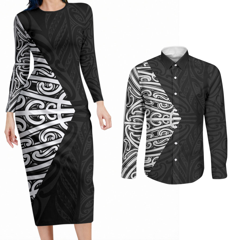 Black New Zealand Puhoro Maori Tattoo Couples Matching Long Sleeve Bodycon Dress and Long Sleeve Button Shirt LT14 Black - Polynesian Pride