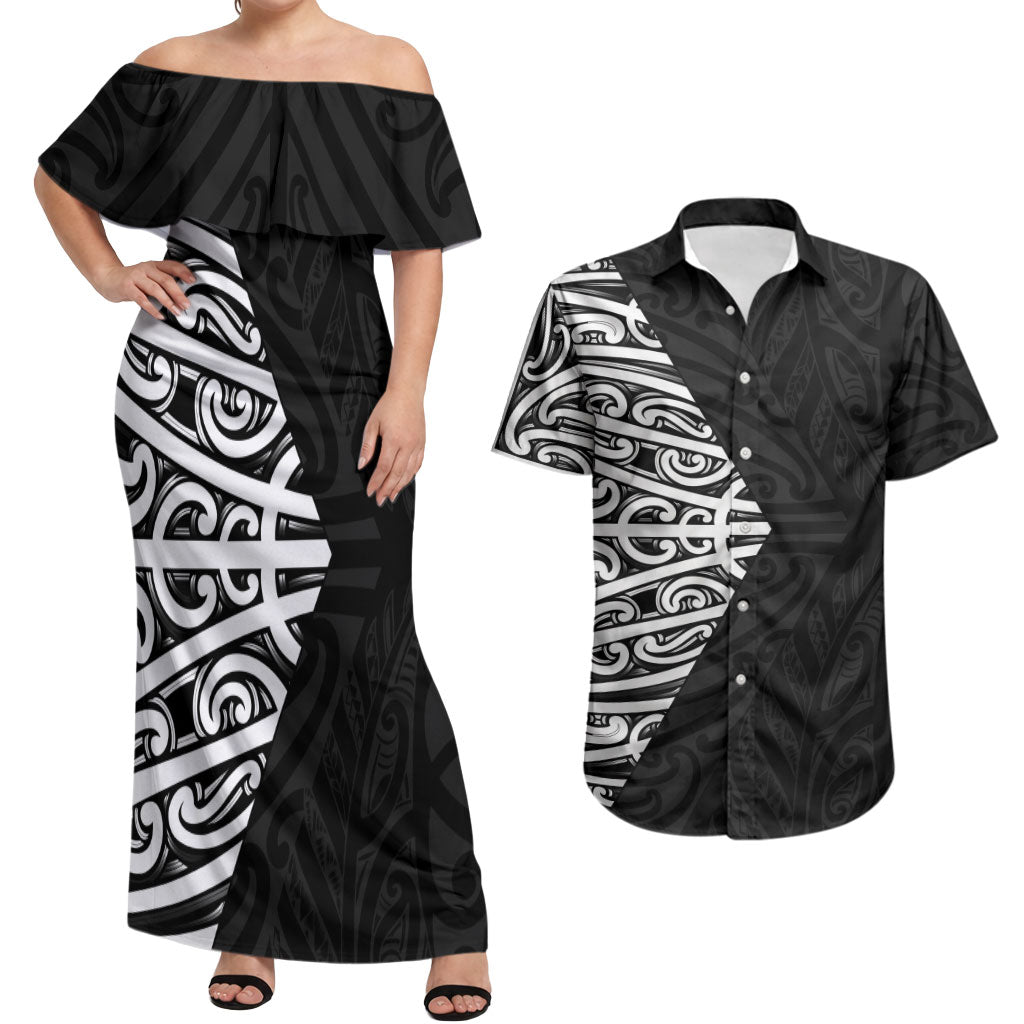 Black New Zealand Puhoro Maori Tattoo Couples Matching Off Shoulder Maxi Dress and Hawaiian Shirt LT14 Black - Polynesian Pride