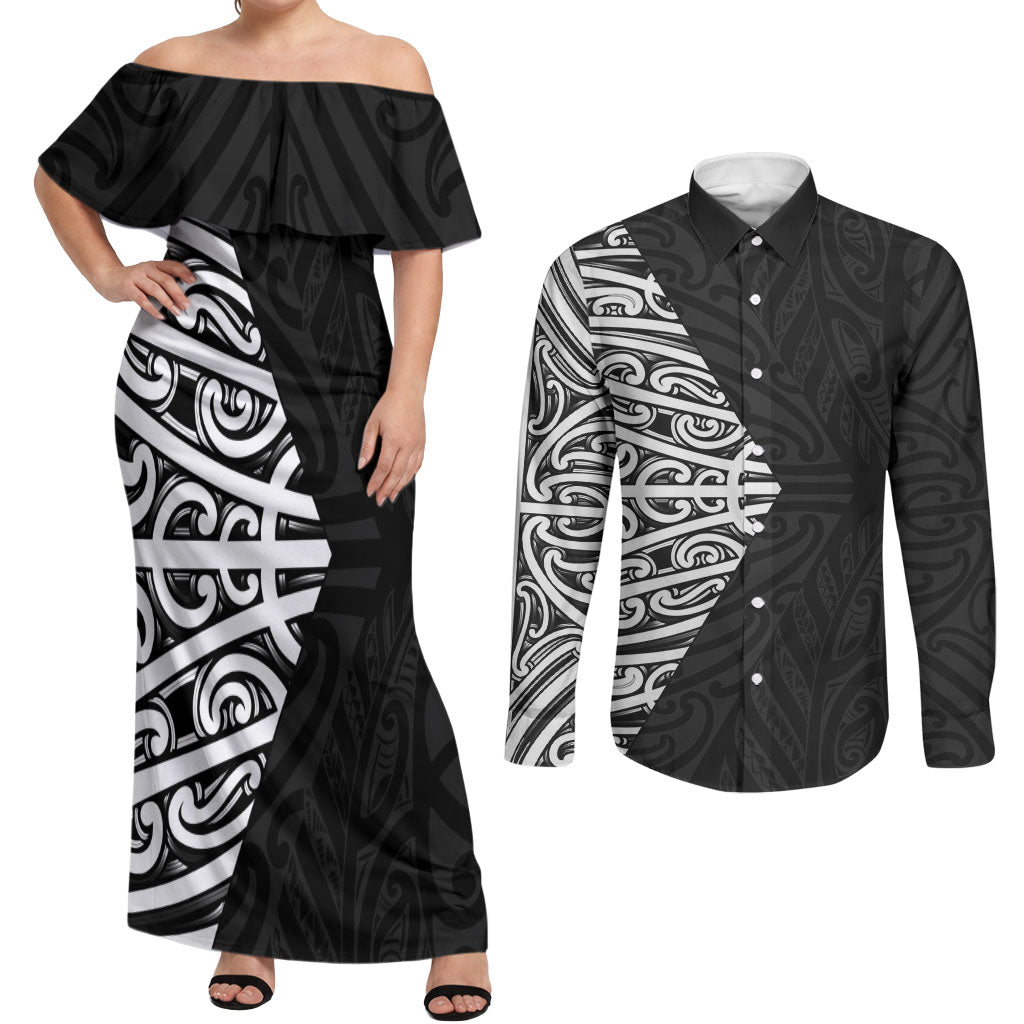Black New Zealand Puhoro Maori Tattoo Couples Matching Off Shoulder Maxi Dress and Long Sleeve Button Shirt LT14 Black - Polynesian Pride