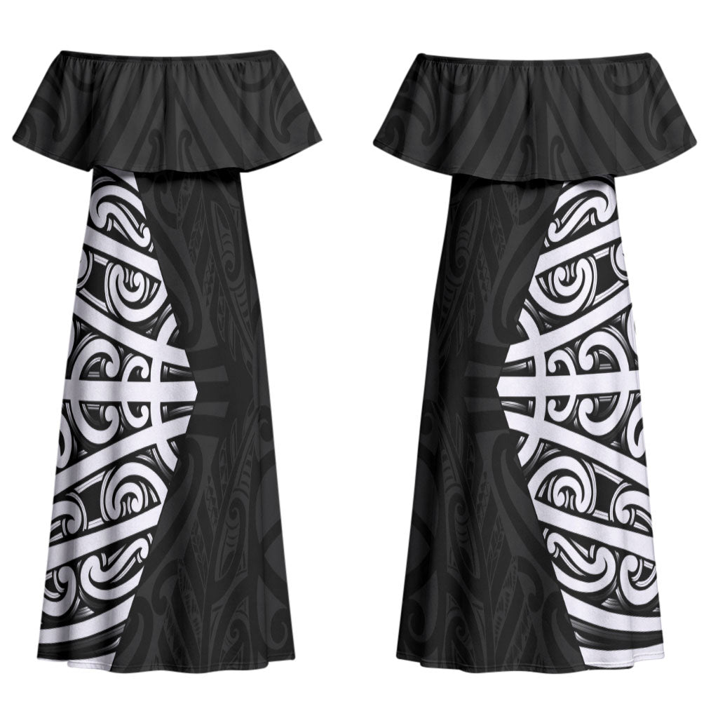 Black New Zealand Puhoro Maori Tattoo Couples Matching Off Shoulder Maxi Dress and Long Sleeve Button Shirt LT14 - Polynesian Pride